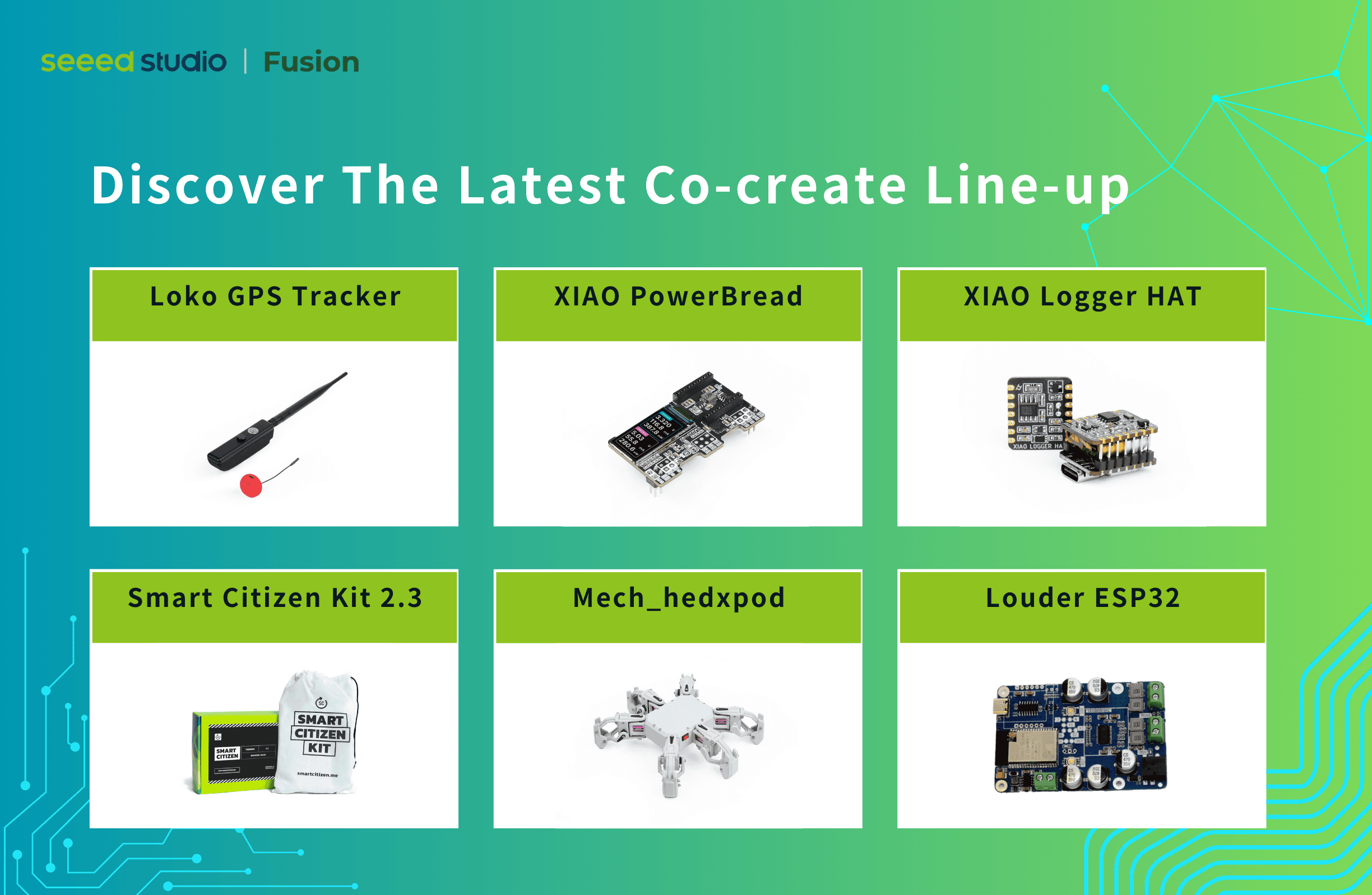 探索最新共创产品系列：Loko GPS Tracker、XIAO PowerBread、XIAO Logger HAT、Smart Citizen Kit、Mech_hexpod、Louder ESP32